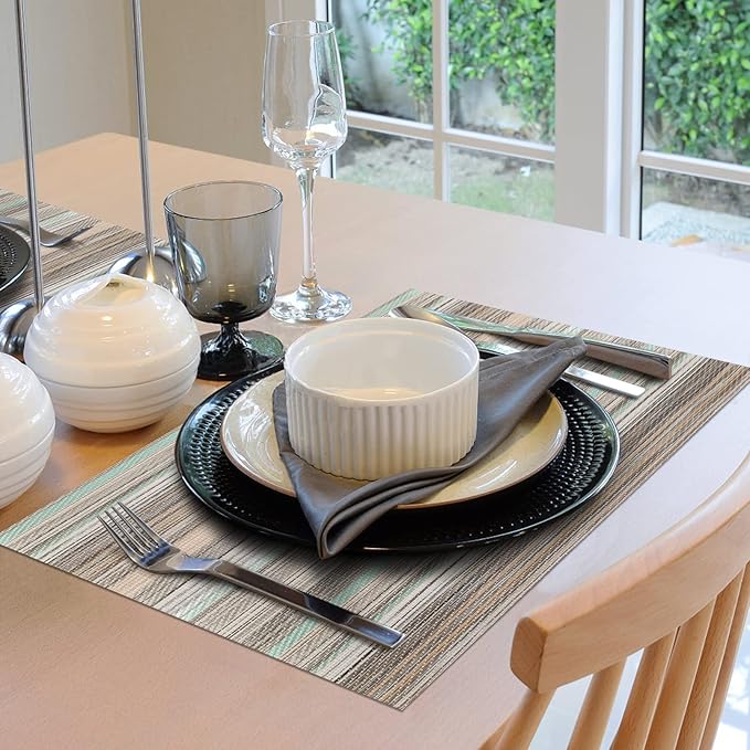 Winknowl Placemats Set of 4, Heat Resistant Non-Slip Vinyl Woven Table Mats for Dining Table, Washable Durable Elegant Place Mats for Kitchen Indoor/Outdoor Use (Teal Green)