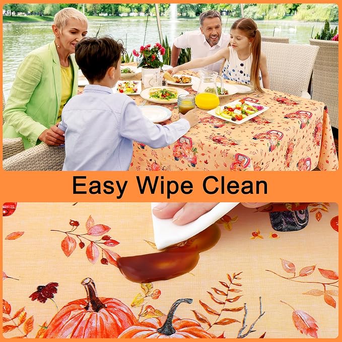Smiry Fall Rectangle Table Cloth, Waterproof Vinyl Tablecloth with Flannel Backing, Wipeable Autumn Pumpkin Truck Plastic Tablecloths for Harvest and Thanksgiving Parties, (60"x140", Yellow)