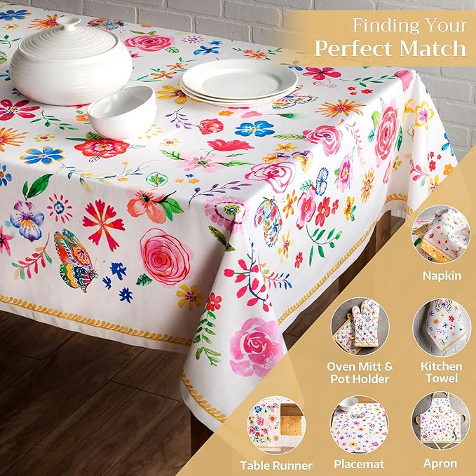 Maison d' Hermine Table Cloth Rectangle Table 100% Cotton 70 x 120 Inches Tablecloth Reusable Decorative for Dining Room Farmhouse Home Valentines Day Decorations Spring Summer- Happy Florals - Sweety