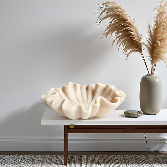 12" Large Decorative Bowl decor - Beige Scalloped Decorative Bowls for Home Decor - Organic Fluted Modern Home Decor,Ruffle Decor key bowl,bowl for keys,Artificial Stone Beige