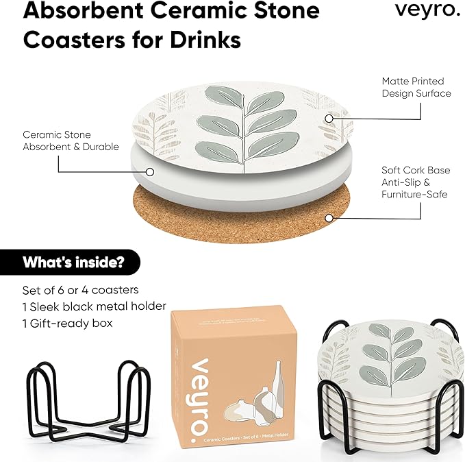 VEYRO Ceramic Coasters Set of 4 – Absorbent Stone Drink Coasters with Holder, Non-Slip Cork Backing, Modern Marble Look Coasters for Coffee Table, Desk & Home Decor