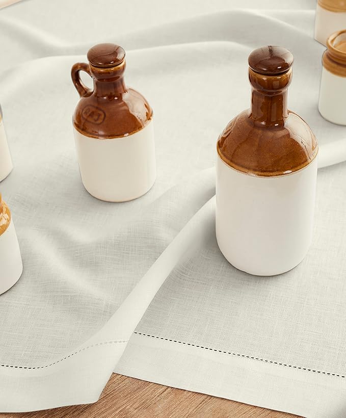 Solino Home Ivory Linen Tablecloth 52 x 52 Inch - 100% Pure Linen Square Table Throw - Classic Hemstitch, Machine Washable Table Cloth for Spring, Easter