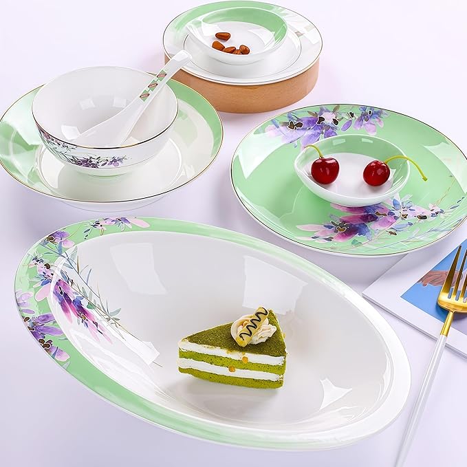 50 Pcs Fine Bone China Dinnerware Set, Porcelain & Ceramic Dinnerware Sets, Bone Stoneware & Ceramic Cookware Tableware Set Includes Dinner Plates|Spoons|Pasta Bowls|Soup Pot|Chopsticks