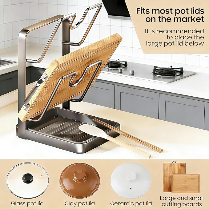 Kitchen Pot Lid Storage Rack, Stainless Steel Lid Holder with Removable Drip Tray, Double-Layer Countertop Organizer