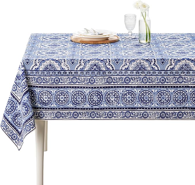 Maison d' Hermine Table Cloth Rectangle Table 100% Cotton 60 x 108 Inches Tablecloth Reusable Decorative for Dining Room Farmhouse Home Valentines Day Decorations Spring Summer - Melodie Bleue