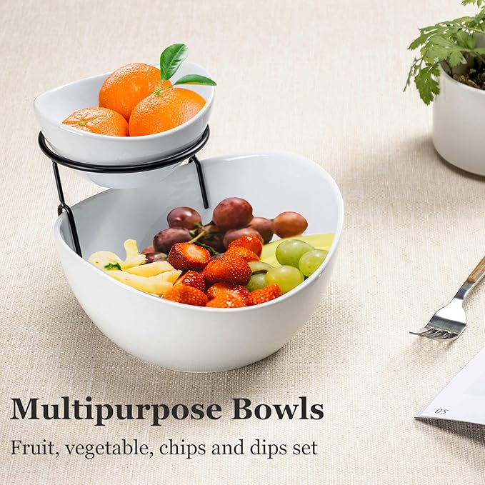 UNICASA Serving Bowls Set, 2 Tier Chip and Dip Bowls with Metal Rack Stand for Fruit, Salad, Candy, Snacks - Ceramic Tiered Appetizer Serving Dishes Food Display Stand for Parties, Kitchen