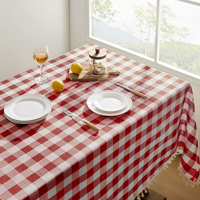 Softalker Checkered Tablecloth Rectangle, Outdoor Linen Cotton Gingham Table Cloth with Tassel, Heavy Duty Wrinkle Free Buffalo Plaid Table Cover for Kitchen Dining Home Party - 55 x 102 Inch, Red