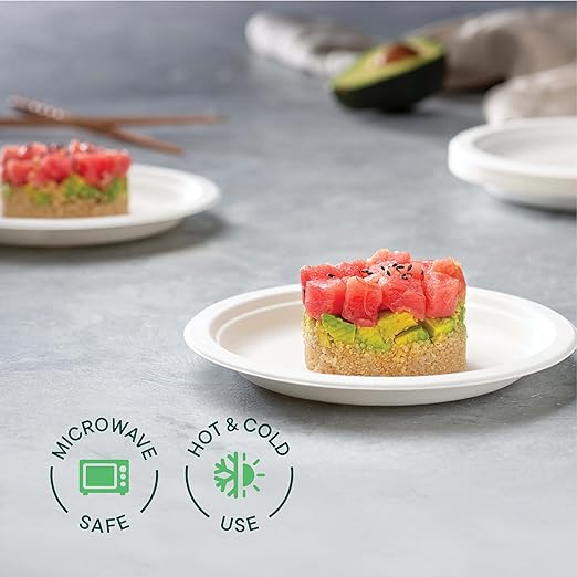 Stack Man 100% Compostable Small Paper Plates 7 Inch Heavy-Duty [125-Pack] Eco-Friendly White Bagasse Disposable Dessert Cake Plates - 7" Biodegradable Plate (BPI-Certified) (PFAS-Free)