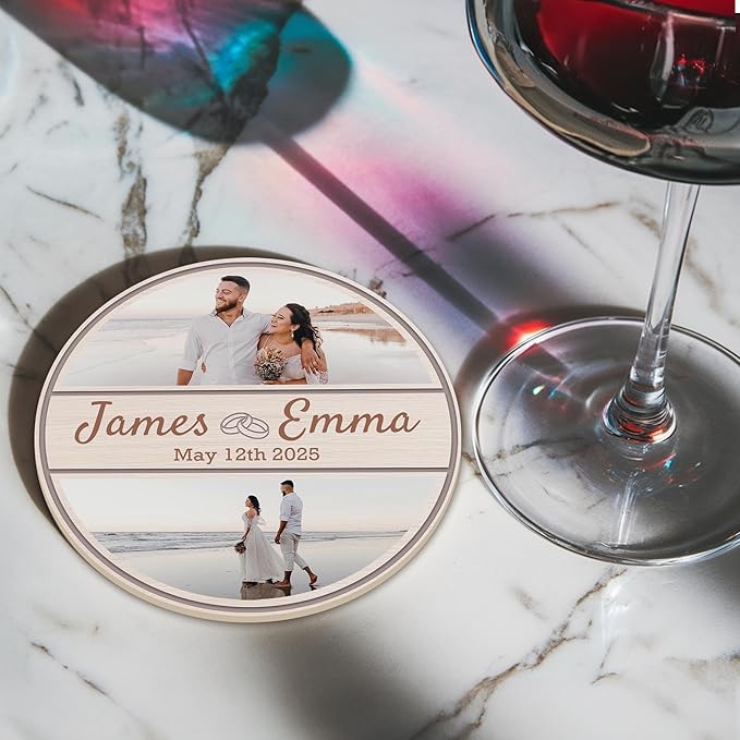 100 Pack Personalized Wedding Coasters, Custom Cardboard Coasters for Drinks with Photo Print and Text, Keepsake Wedding Favors and Gifts for Couples, 3.95" Round (Design 8)