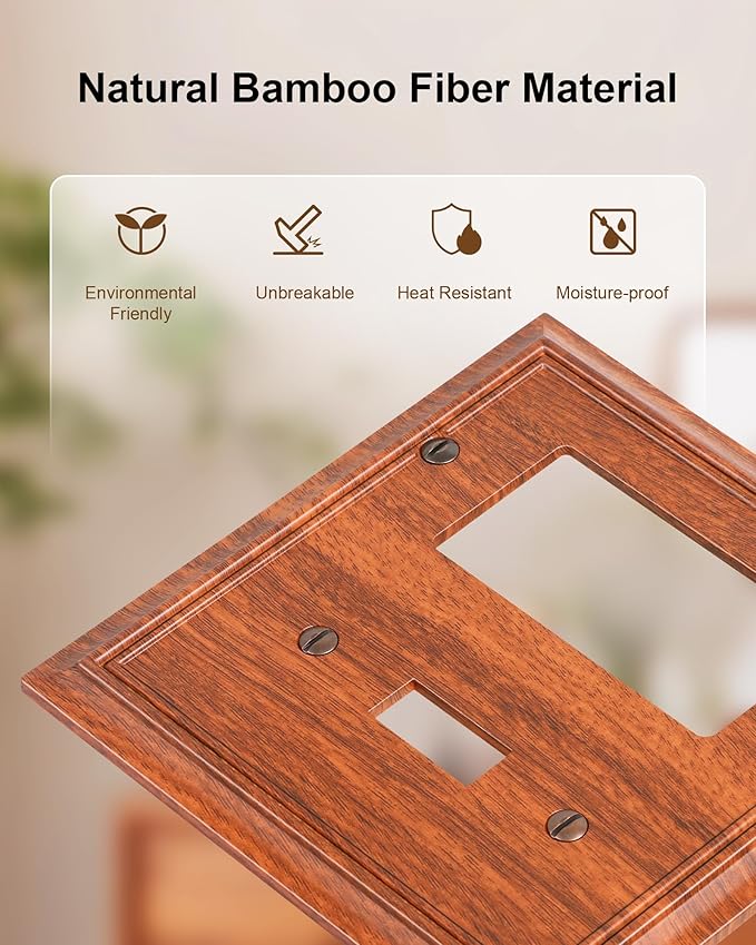 2-Pack Combo Toggle/Decorator Light Switch Cover Plate, Wood Grain Decorative Electrical Outlet Covers, Durable Natural Bamboo Fiber Switch Plates and Outlet Covers, Corrosion Resistant