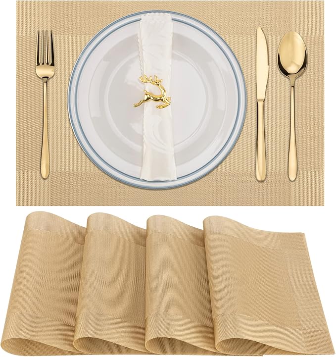 Winknowl Placemats Set of 4, Washable Vinyl Woven Placemats, Heat Resistant & Wipeable Table Mats for Kitchen Dining Table (Golden)