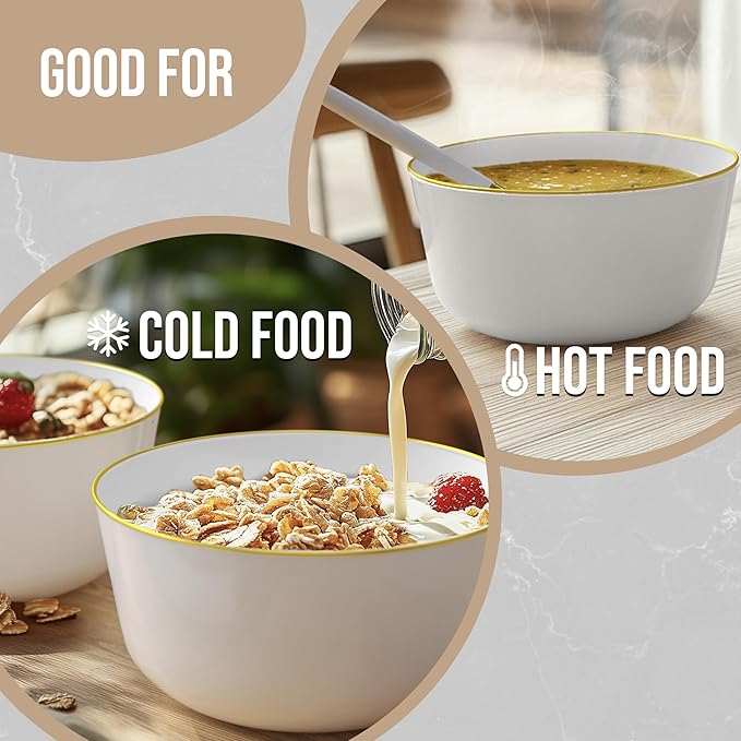 Trendables 24 oz Plastic Bowls Set - Fancy Serving Bowls - Perfect for Ice Cream, Salad, Candy - Disposable (10, White Gold Rimmed)