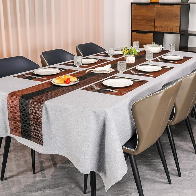 Placemats Set of 8, Vinyl Woven Place Mats Indoor Set of 8 Washable Wipeable PVC Table Mats Heat-Resistant Non Slip Plastic Placemat for Kitchen Dining Outdoor Table (Black Brown, Set of 8)