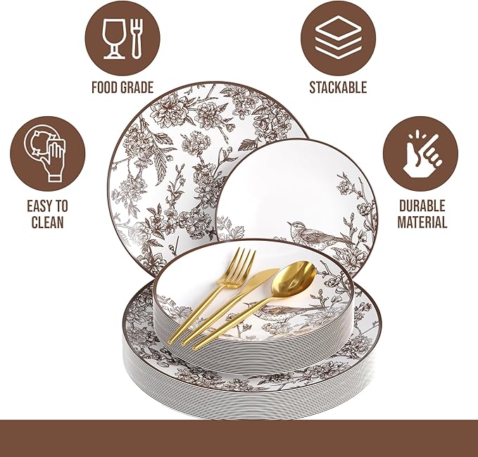 Trendables Fancy Plastic Dinnerware Sets 200 Pc Set 40 Guests Gold Silverware Disposable 40 X 10 Inch Charger Plates 40 X 8 Inch Dessert Plates 40 x Gold Plastic Forks and Spoons Knives In Rustik