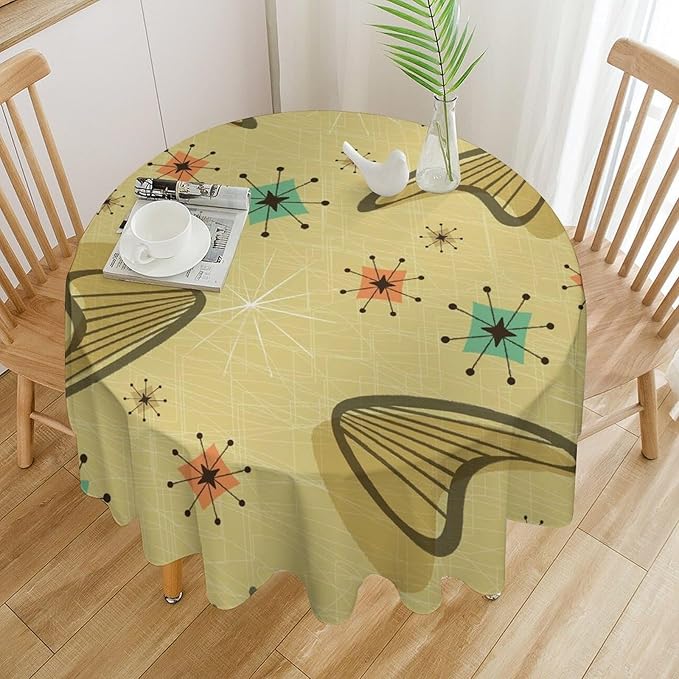 Mid Century Round Tablecloth, Retro Abstract Atomic Boho Geometric Art Printed Tablecloth for Home Party Dining Room Kitchen Decor 50Inch(127cm)
