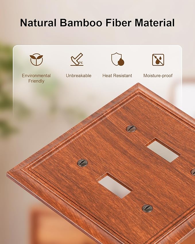 2-Pack Double Toggle Light Switch Cover Plate, Durable Natural Bamboo Fiber Decorative Switch Plate Covers, Wood Grain 2 Gang Wall Plate, Corrosion Resistant