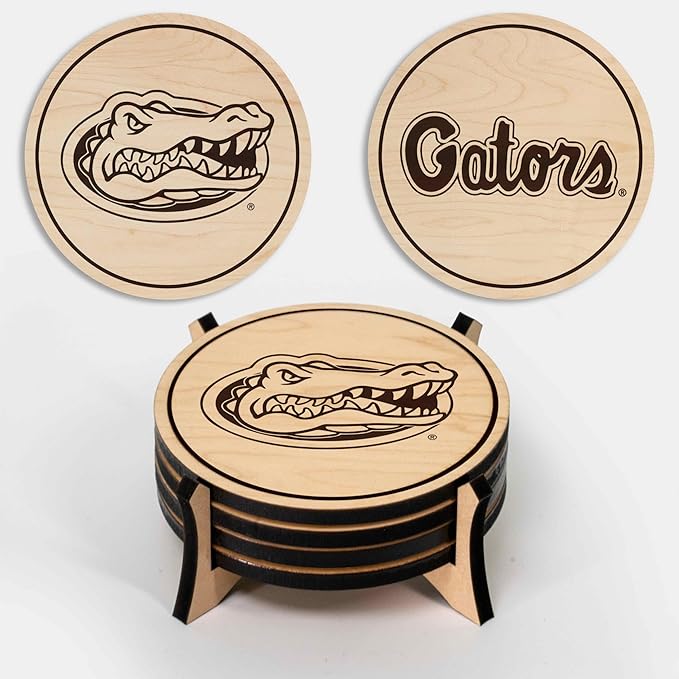 LazerEdge Florida Gators Wooden Coaster Set - Maple Wood - Officially Licensed Product - 4-Pack