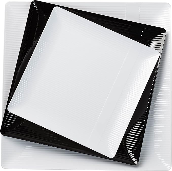 Exquisite Disposable-White-Plastic-Plates-Square Linear (40 Pack) Wedding Dinner Fancy Tableware Dishes (9 Inch., White) Single Size Set