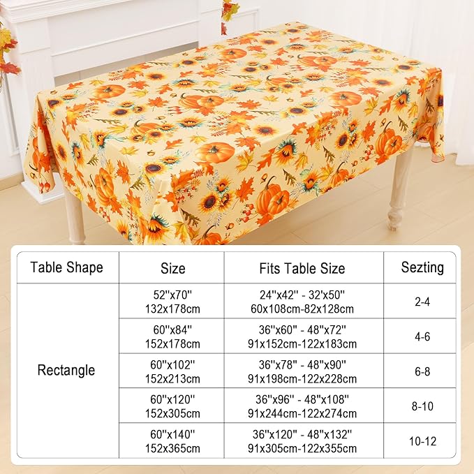 Smiry Fall Rectangle Table Cloth, Waterproof Vinyl Tablecloth with Flannel Backing, Wipeable Autumn Sunflower Plastic Tablecloths for Harvest and Thanksgiving Parties, (60"x102", Gold)