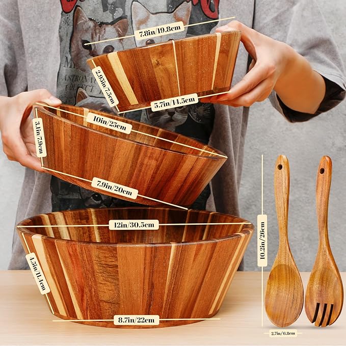 Yunlly Wooden Salad Bowl Set of 5 - Large Fruit Mixing Bowls with Salad Servers Utensils for Serving Dining Accessory - Handmade - Acacia Wood - Large 12", Medium 10", Small 8"(Round Design)