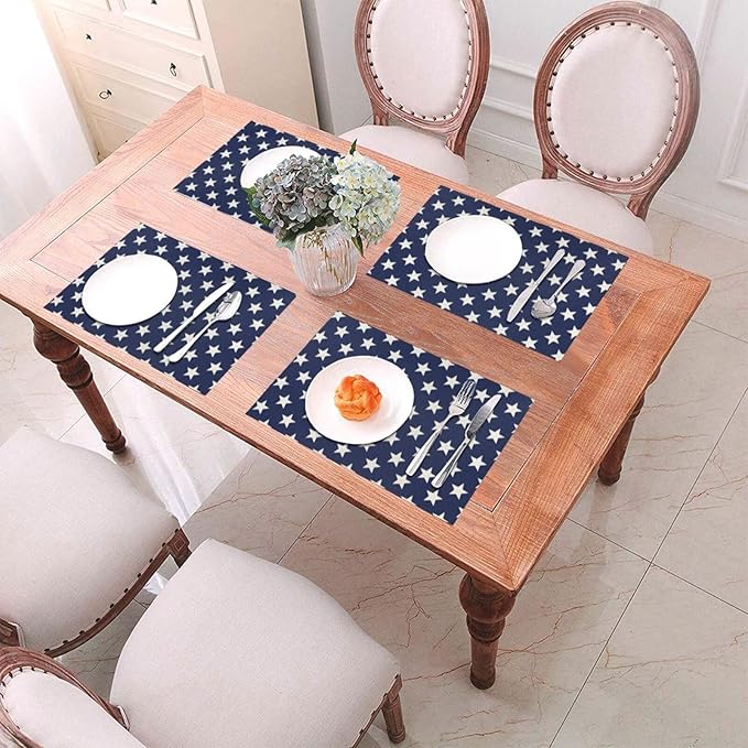 Independence Day Placemats 12x18 Inches Set of 4, 4th of July Blue Stars Placemats Summer Decorative Rectangle Star Table Mats for Party Home Kitchen Dining Table Decoration
