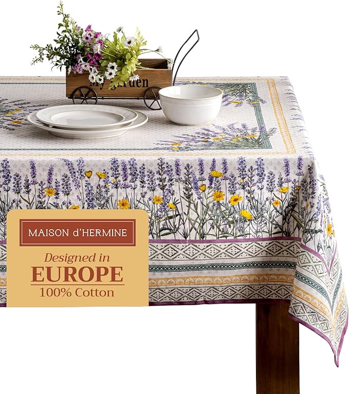Maison d' Hermine Table Cloth Rectangle Table 100% Cotton 60 x 108 Inches Tablecloth Reusable Decorative for Dining Room Farmhouse Home Valentines Day Decorations Spring Summer - Fanny Lavender