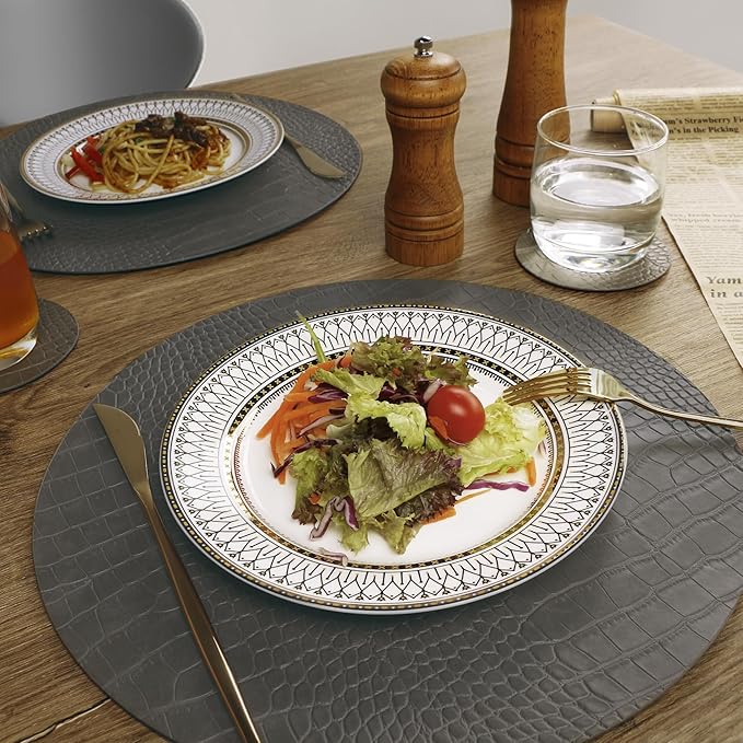Round Leather Placemats for Round Tables Set of 4, Gray Table Place Mats and Coasters, Washable Easy to Care for Indoor Decor 13" Diameter