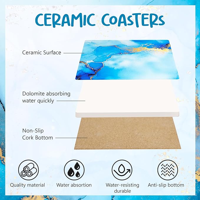 Blue Absorbent Ceramic Coasters for Drinks with Black Holder and Cork Base Set of 4, Square Decorative Coffee Table Decor for House Warming Gifts New Home