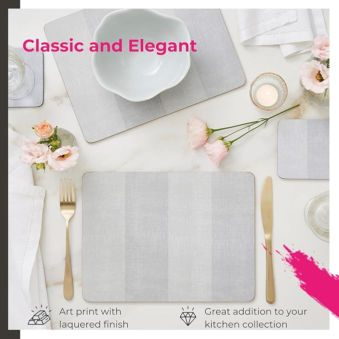 Pimpernel Go Neutral Placemats, Set of 4 – (15.7" x 11.7") Rectangular Table Mats with Sage Grey Minimalist Design, 5mm Cork Backing, Heat & Stain Resistant Lacquer Finish for Dining Décor
