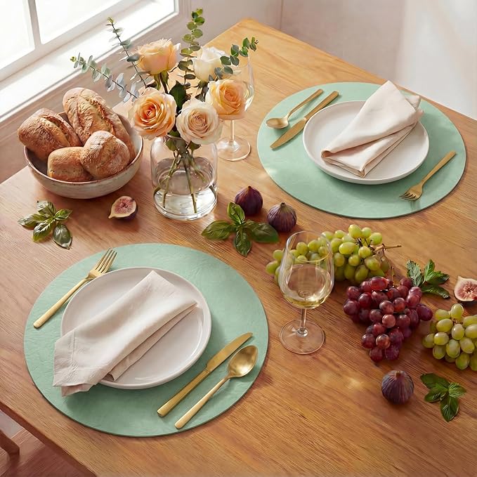 Artoid Mode Sage Faux Leather Placemats Set of 4, 15 Inch Waterproof Wipeable Heat Resistant Vinyl Place Mats, Reversible Table Mats for Spring Kitchen Dining Decor