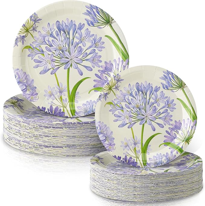 48 Pcs Agapanthus Garden Paper Plates Set Include 9" 7" Spring Watercolor Disposable Plates Summer Decorative Dinner Flower Birthday Party Tableware for Baby Shower Party Supplies