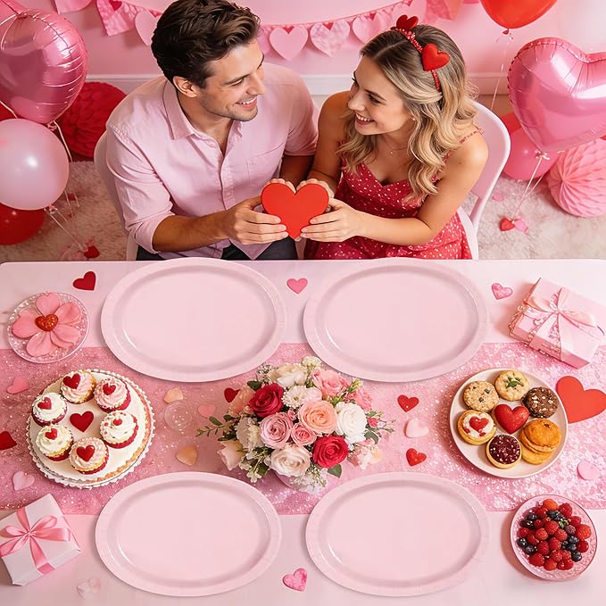 Grencian 50Pcs Pink Oval Paper Plates 10" x 12" Large Disposable 400GSM Heavy Duty Light Pink Paper Plates for Valentine's Day Girls Women Birthday Wedding Bridal Shower Baby Shower Party Supplies