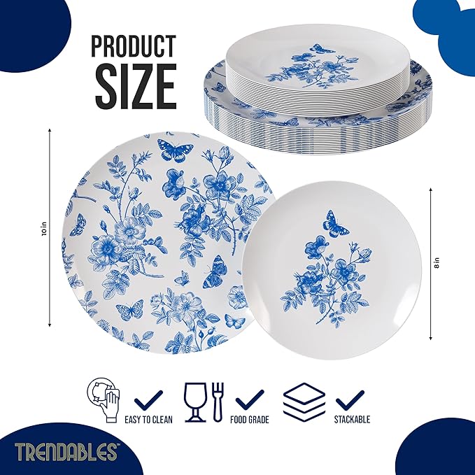 Trendables Disposable Plates For Party Supplies | Blue Floral Plastic Plates For Wedding 200 Pcs - 100 X 8 & 100 X 10 Dinner Plate Sets | Floral Plate Set Disposable Plastic Dinnerware Sets