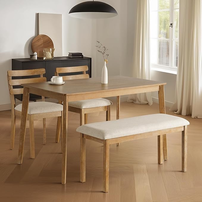 Modern Dining Table Set, Wooden Farmhouse Dining Roon Table and Solid Wood Chairs, 5-Piece Dining Set for Home, Kitchen, Dining Room, 4 Upholstered Chairs, Rubberwood Legs (Only Table)