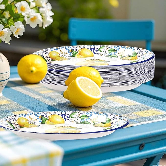 Grencian 50 Pcs Capri Lemon Oval Paper Plates 10"x12" Large Blue Tiles Yellow Lemon Plates Disposable 400 GSM Heavy Duty Capri Lemon Party Supplies for Summer Citrus Fruit Lemon Birthday Party Decor