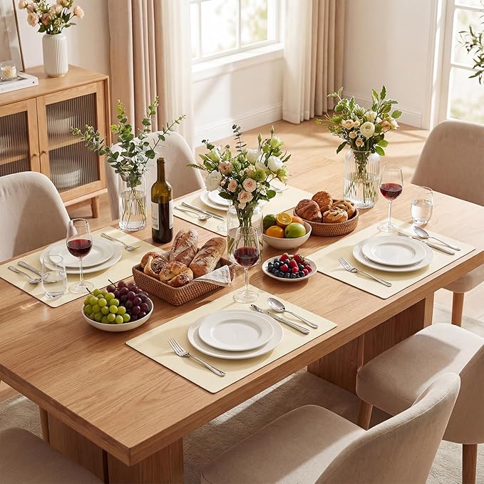 Artoid Mode Beige Faux Leather Placemats Set of 4, 12x18 Inch Waterproof Wipeable Heat Resistant Vinyl Place Mats, Reversible Table Mats for Kitchen Dining Decor