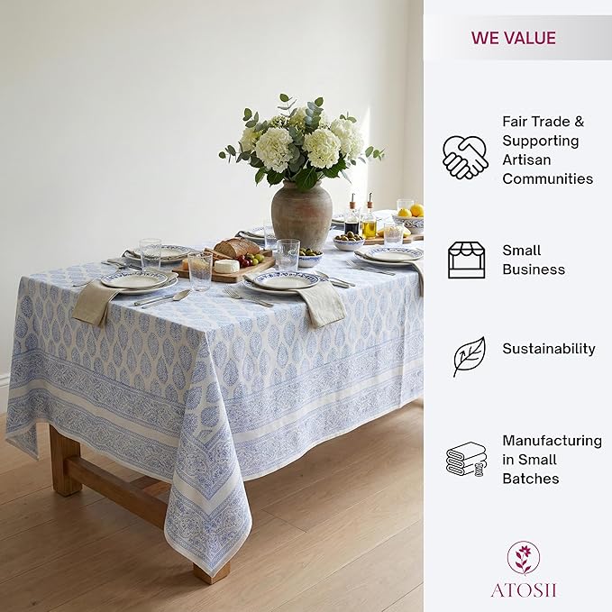 ATOSII Amalfi 100% Cotton Boho Rectangle Fall Tablecloth, Handblock Print Table Cloth for Kitchen I Dining Table Linen Fall Décor I Parties Wedding Outdoor Christmas Thanksgiving I 60 X 108 Inches