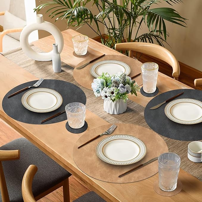Round Placemats and Coasters Set of 6, Washable Reversible Faux Leather Placemats Cowhide Pattern Place Mats Wipeable Non-Slip 15 inch Round Kitchen Dining Table Mats (Gray Tan, 6)