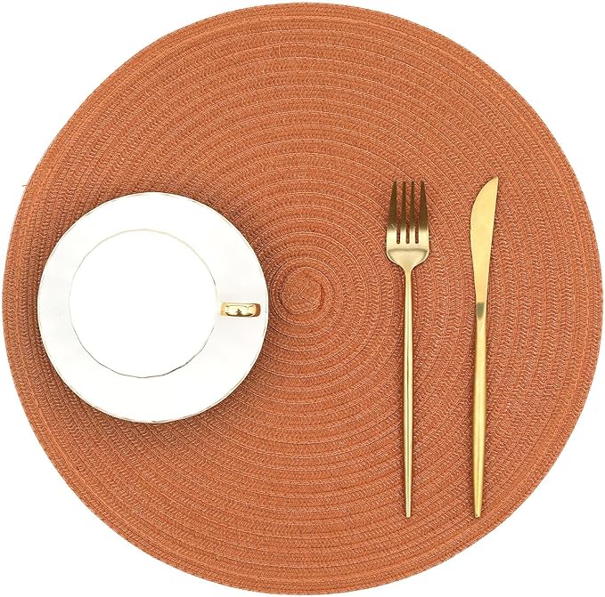 SHACOS Round Placemats Set of 6 Washable 15 inch Round Placemat Cotton Polyester Woven Braided Table Place Mats for Dining Table Decor, Dark Orange