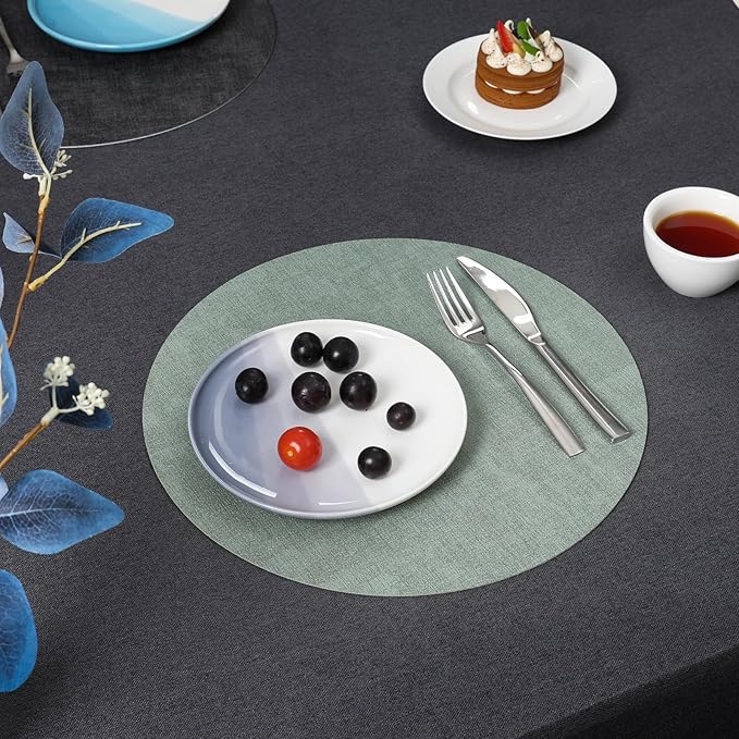 Myir JUN Round Placemats Dual Sided, Faux Leather Place Mats Set of 4 Indoor for Dining Table Outdoor Non-Slip Washable Table Mats (Set of 4, Gray Sage Green)