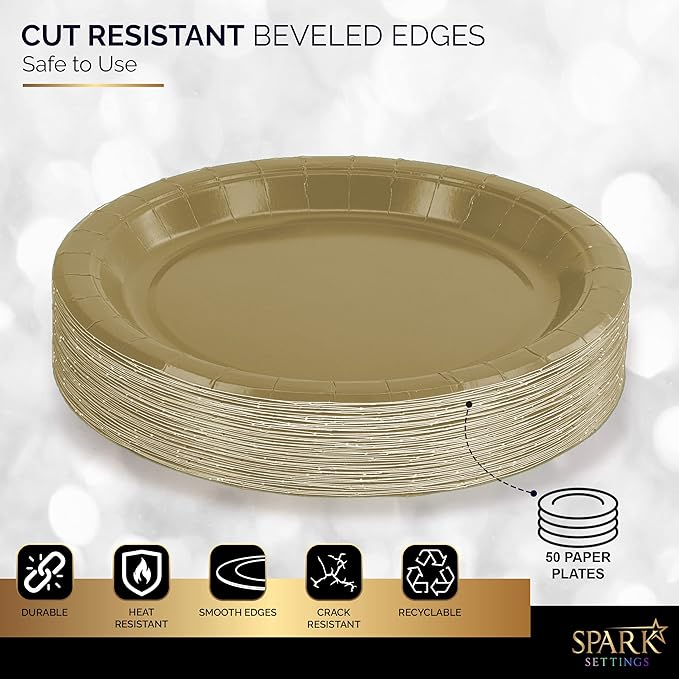 Disposable Paper Plates Gold, 7 Inch Paper Dessert Plates, Strong and Sturdy Disposable Plate for Party, Dinner, Holiday, Picnic, or Travel Party Plate, Pack of 50