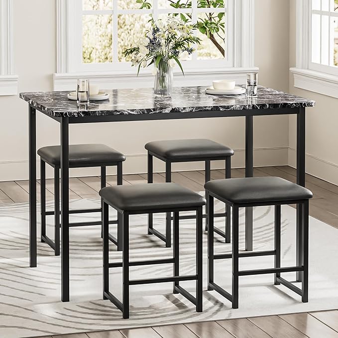 VECELO Kitchen Table and Chairs for 4, Dining Room Set with PU Chairs/Stools, Heavy-Duty Metal Frame, Faux Marble Tabletop, Space-Saving Design for Small Spaces, Easy Assembly, Veined Black