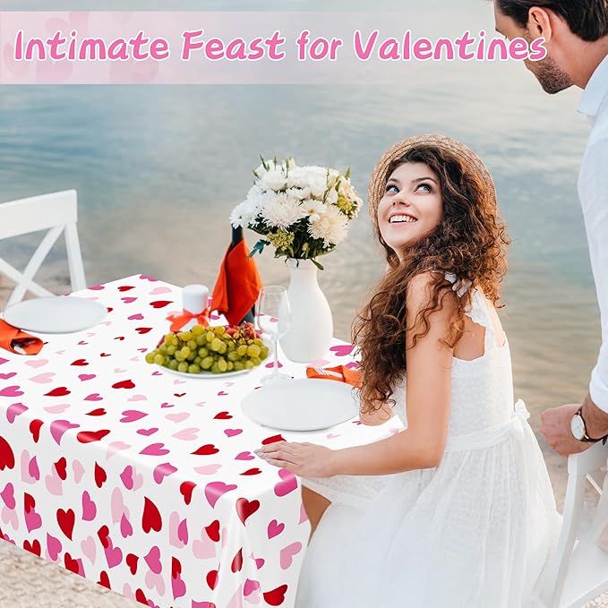 4 Pack Valentines Decorations, 108" X 54" Valentines Tablecloths, Heart-shaped Disposable Red Pink Tablecloths Love Plastic Table Cover, Galentines Decorations Party Supplies for Wedding Birthday