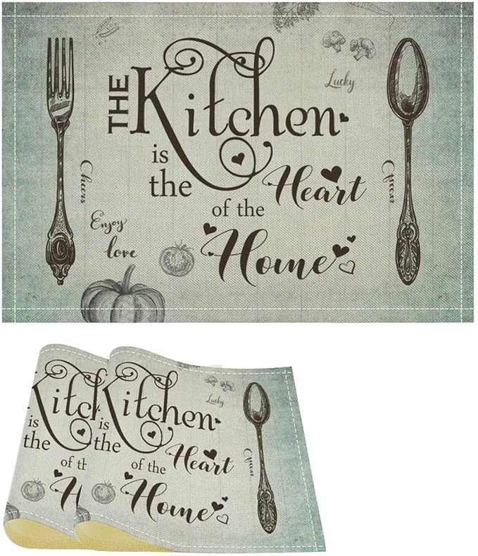 Retro Farmhouse Placemat Set, Minimal Green Gradient Rustic Plank Art Sketch Cutlery Knife Fork Inspirational Quotes Pattern Home Decor Linen Table Mats for Dining Room Kitchen Party (17x12in) x2P