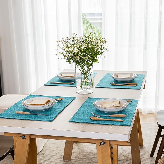 Kevin Textile Burlap Linen Placemats Set of 6 Heat Resistant Dining Table Place Mats Washable Kitchen Table Mats for Dinning Party Holiday Indoor Outdoor, 13 x19 inches,Peacock Blue