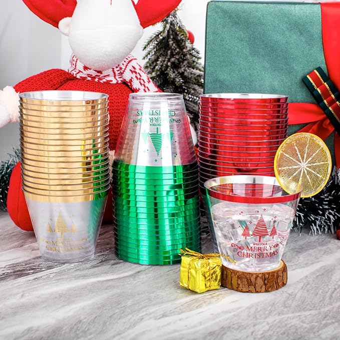 I00000 60PCS Merry Christmas Party Cups - Christmas Disposable Cups 9 Oz Clear Party Cups Wine Glasses Disposable Clear Plastic Cocktail Cups Tumblers Drinking Cups for Xmas Parties