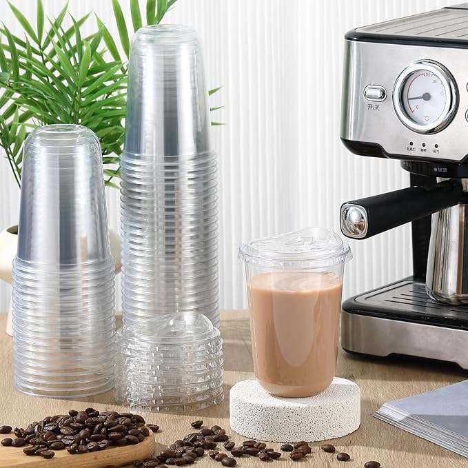 50 Sets 16 oz Clear Plastic Cups with Strawless Sip Lids, Thickened Clear Disposable Plastic PET Crystal Cups for Iced Coffee, Smoothie, Cold Beverage, Drink Shops and Party Catering