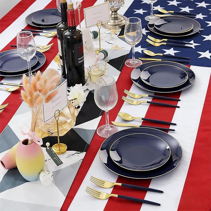 Liacere 150PCS Blue Plastic Plates - Gold Plastic Silverware with Blue Handle - Navy Disposable Plates Include 30 Guests Plates,Forks,Spoons,Knives for Hanukkah & New Year & Washington's Birthday