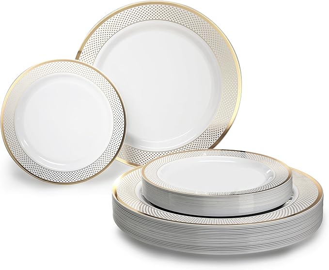 OCCASIONS 240 Plates Pack,(120 Guests) Heavyweight Premium Wedding Party Disposable Plastic Plates Set -120 x 10.5'' Dinner + 120 x 7.5'' Salad/Dessert plates (Sundance White & Gold Rim)