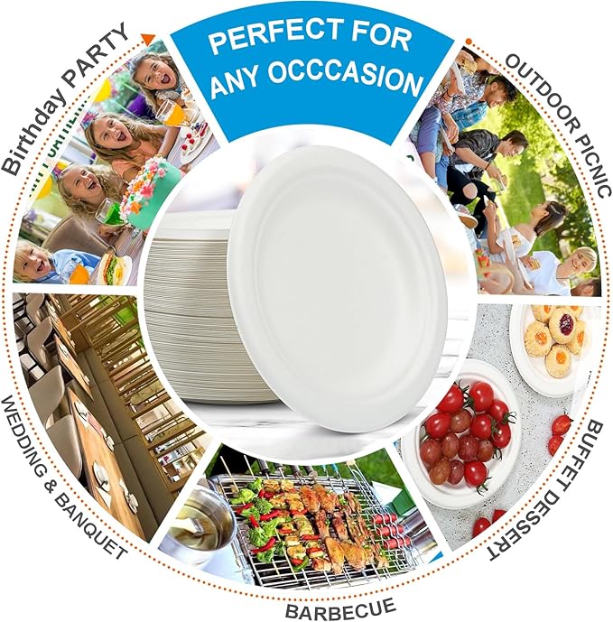 Disposable Plates 100% Compostable Heavy Duty - 9 Inch paper plates bulk for Party, Dinner, Cake, Dessert, Snacks Eco-Friendly White